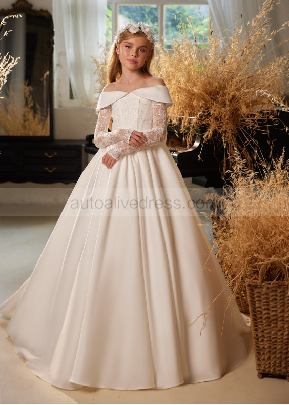 Ivory Lace Satin Keyhole Back Flower Girl Dress With Oversized Bow